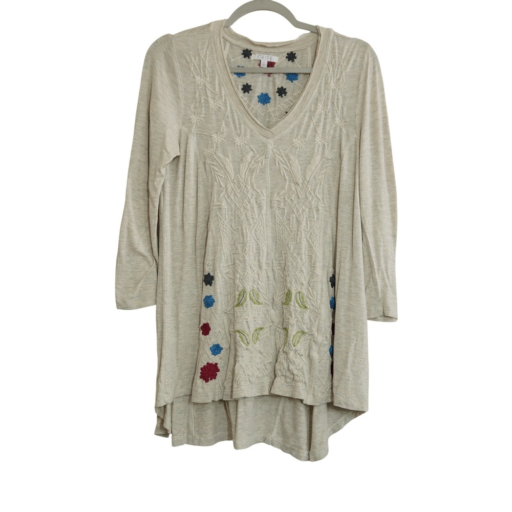 Caite Embroidered V-Neck Shirt Tunic Oatmeal Heather 3/4 Sleeve Boho Artsy Flowy